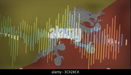 Mit stilisierter Drachenillustration, die diagonale Farbspaltung überlagert, mit bunten Wellenformbalken Stockfoto
