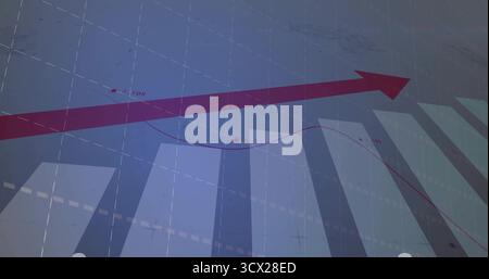 Anzeige des dynamischen roten Pfeils mit aufsteigendem Trend auf dem virtuellen Dashboard, mit Balkenspalten und Rasterlinien Stockfoto