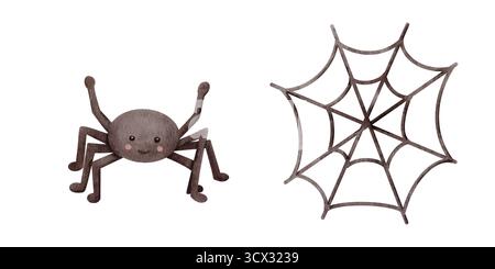Niedliche Aquarellspinne und Netz. Handgezeichnetes Halloween-Designelement, perfekt für Kinderkarten, Partydekor oder gruselige Illustration. Stockfoto