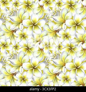 Nahtloses Muster mit Plumeria- und Frangipani-Blüten. Eine handgezeichnete Aquarellillustration. Für Textilien, Tapeten und Hintergründe. Zur Verpackung Stockfoto