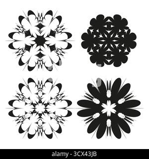 Blume Schneeflocken-Symbole. Schwarzes weißes Ornament. Dekoration mit Sternsymbol. Vektor-Blumenmotiv. EPS 10. Stock Vektor