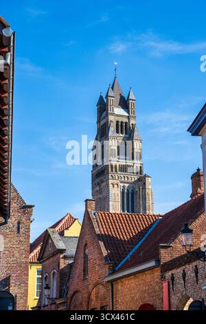 Gotischer Glockenturm der St. Salvator-Kathedrale von der Zuidzandstraat im historischen Zentrum von Brügge in Westflandern, Belgien, Europa Stockfoto