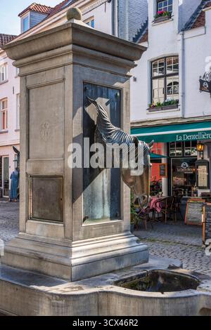 Pferdekopf Trinkbrunnen auf der Wijngaardstraat im historischen Zentrum von Brügge in Westflandern, Belgien, Europa Stockfoto
