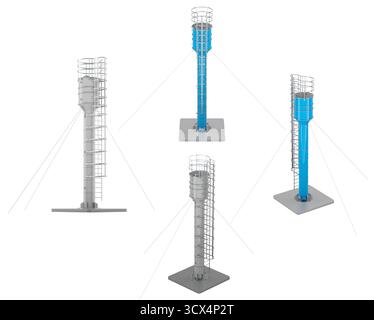 Wasserturm mit Leiter, verschiedene Winkel. 3D-Rendering isoliert auf weißem Hintergrund Stockfoto