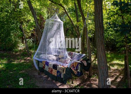 Ein gemütliches Schaukelbett hängt zwischen Bäumen in einem schattigen Wald, bedeckt mit einer farbenfrohen Patchworkdecke und weißen Kissen, geschützt von einer zarten Mücke Stockfoto