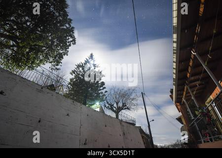 Der Vollmond strahlt ein brillantes Licht hinter einer hohen Kiefer aus, das weiche Wolken gegen einen Sternenhimmel beleuchtet. Ein magischer und heiterer Selles Stockfoto