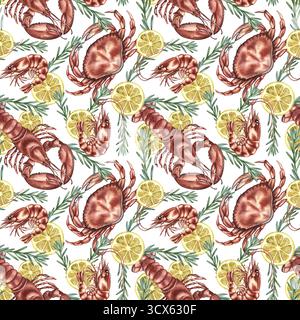 Nahtloses Muster mit Garnelen, Krabben und Hummer mit Zitrone und Rosmarin. Handgezeichnete Aquarellillustration. Farbenfrohe Meeresfrüchte-Bilder. Für Menüs Stockfoto