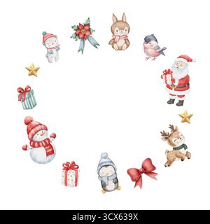 Weihnachtskranz in Aquarellfarben. Schneemann mit rundem Rahmen in rotem Hut, Rentier, Pinguin, Weihnachtsmann, Bär, Hase, Bullfink, Geschenke, goldener Stern, roter Bogen und Weihnachtsstern. Weißer Hintergrund mit leerem Text Stockfoto