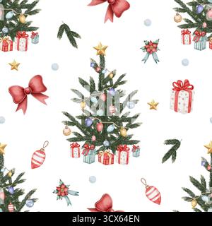 Nahtloses Aquarell Weihnachtsmuster mit dekoriertem Tannenbaum, Geschenken, Bögen, Sternen, Ornamenten, und festliche Zweige. Gemütlicher Feiertagshintergrund für Geschenkpapier, Stoff und Winterdesign Stockfoto