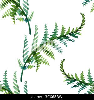 Farnblatt nahtlose Muster Aquarellhintergrundillustration, nahtloses Muster mit grünen Blättern des Farns, Aquarellhintergrund, handgemalt, Wald Stockfoto