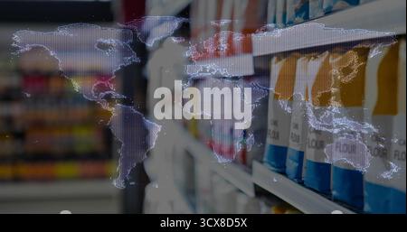 Zeigt Regale mit weißen und blauen Mehlsäcken im Lebensmittelbereich, Weltkarte-Overlay, Kopierraum Stockfoto
