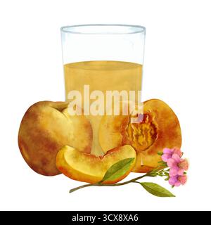 Ein erfrischendes Glas hausgemachter Pfirsichsaft, garniert mit geschnittenen Pfirsichen und Blüten, ist das perfekte Getränk für den Sommer. Es bietet eine nahrhafte Option und ein herrliches Erlebnis, das Sie an sonnigen Tagen genießen können Stockfoto