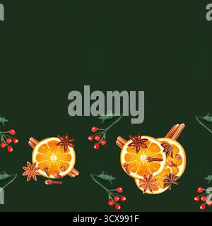 Orangenscheiben mit Zimtstäbchen, Anissternen, Nelken, stechpalmenblätter, rote Beeren Aquarellrand auf dunkelgrünem. Perfekt für festliche Einladungen Stockfoto