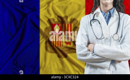 Arzt auf Andorra Flagge. Gesundheit und Wellness in Andorra, Konzept Stockfoto