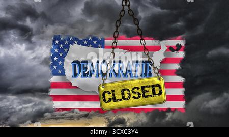 Symbolisches Image, USA, Demokratie im Sturm, Freiheit, Individualität, soziale Gruppen, Menschlichkeit, Pressefreiheit, Journalismus, Journalisten, Politik, Disziplin Stockfoto