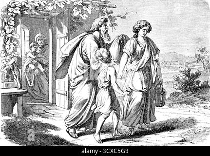 Vertreibung des Sagars, die Fremden, Sohn und Frau Abrahams, ägyptische Sklavin Sarah, werden weggeschickt, Hütte, offene Tür, 1. Buch Moses, Kapitel 21 Stockfoto