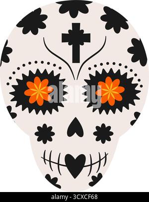 Day of the Dead Dekorativer Zuckerschädel mit Blumen Herz und Kreuz Dekor Dia de los Muertos Element. Isolierte Vektor-Illustration mexikanische Feiern verwandter Inhalt Grüße Themenkarten Banner Stock Vektor