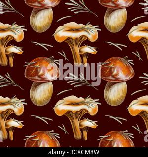 Nahtloses Herbstmuster mit Pfifferlingen, braunem Birkenboletus, rotem Kappenboletuspilz mit Kiefernnadeln, die als Symbole der herbstlichen Gelassenheit dienen Stockfoto