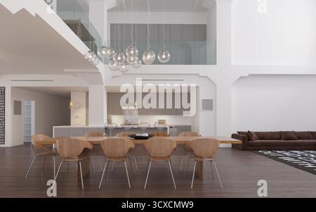 Geräumiges, offenes Interieur eines modernen Hauses mit Esszimmer, Küche und Wohnbereich. Stockfoto