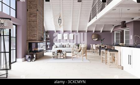 Ein modernes, offenes Wohnhaus mit einem Wohnzimmer mit einem rustikalen Kamin, einer Kücheninsel und einer hohen gewölbten weißen Holzdecke, alles eingerichtet aga Stockfoto