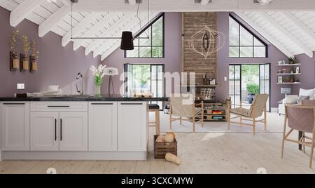 Das Innere eines modernen, offenen Hauses mit Küche und Wohnzimmer mit gewölbter Decke, Holzbalken und großen Fenstern. Stockfoto