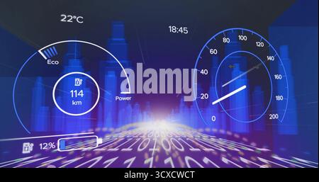 Anzeige des HUD in der Simulation, Anzeige der Eco-Leistungsanzeige, Reichweite, Akkubalken, Tachometer und Uhr Stockfoto