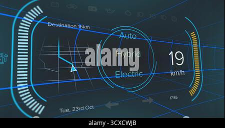 Anzeigen des HUD mit Navigationskarte mit Entfernung, Fahrmodi, Tachometer und Zeit auf der Windschutzscheibe Stockfoto