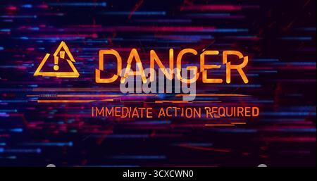 Anzeige der Grafik auf einem Störbildschirm, orangefarbenes Warnsymbol, NEONGEFAHR, SOFORTIGE MASSNAHMEN ERFORDERLICH Stockfoto