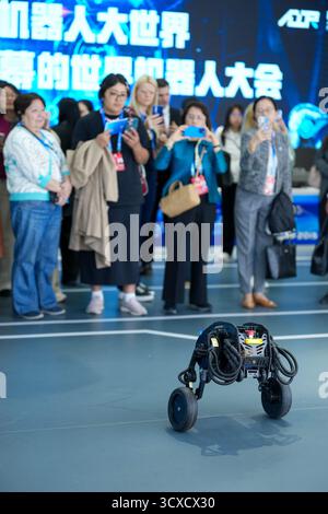 Peking, China. Oktober 2025. Vertreter, die sich für das Global Leaders' Meeting on Women in Peking aufhalten, sehen sich die Demonstration eines Roboters in der Beijing World of Robots am 14. Oktober 2025 in Peking, der Hauptstadt Chinas, an. Quelle: Xue Yuge/Xinhua/Alamy Live News Stockfoto