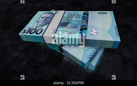 Belize Money Belizean Dollars Money Pack 3D Illustration. 100 BZD-Banknotenbündel. Konzept von Finanzen, Bargeld, Wirtschaftskrise, Geschäftserfolg, Stockfoto