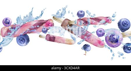Obst-Eis Lolly umgeben von Reifen Beeren, Wasserspritzern und Tropfen. Isolierter nahtloser Bannerrand, handgezeichnet in Aquarell. Eingefroren Stockfoto
