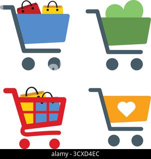 Vier bunte Warenkorbsymbole werden vor weißem Hintergrund angezeigt. Der obere linke Wagen ist blau mit roten und gelben Beuteln. Der obere rechte Wagen ist Stock Vektor