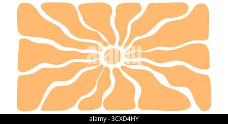 Retro Sunshine Burst Vektormuster, wellige Streifen und geometrische Strahlen in Gelbtönen. Abstrakter Sommer-Hintergrund der 70er Jahre mit funky kreisförmigen Formen und Stock Vektor