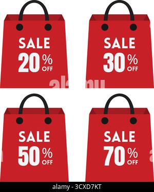 Es werden vier rote Einkaufstaschen mit schwarzen Griffen und fettgedrucktem, weißem Text angezeigt, der auf einen Verkauf hinweist. Rabatte sind gut sichtbar: 20 % Rabatt, 30 Stock Vektor