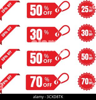 Rote Rabattschilder und Abzeichen zeigen Prozentsätze an: 20 %, 25 %, 30 %, 50 % und 70 %. Die Tags sind rechteckig mit zugeschnittenen Ecken und enthalten eine Schleife für AT Stock Vektor