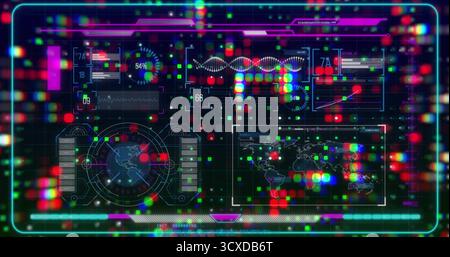Anzeige der digitalen Schnittstelle in holografischer Konsole mit kreisförmigem Messgerät, DNA-Helix und Balkendiagramm Stockfoto
