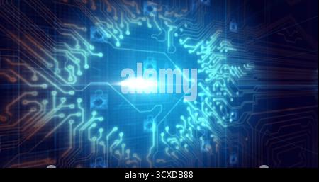 Anzeige der Leiterplatte für die Leuchtbeleuchtung im Netzwerkbereich mit Vorhängeschloss-Symbolen, orangefarbenen Pfaden Stockfoto