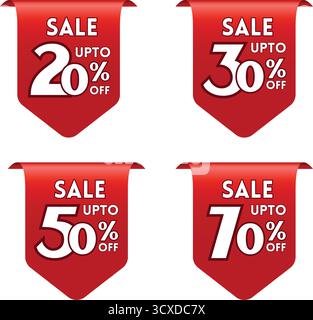 Rote, pfeilförmige Rabattschilder zeigen „SALE UP TO“ mit prozentualen Abweichungen von 20 %, 30 %, 50 % und 70 % Rabatt an. Der auffällige, weiße Text steht im Kontrast zum VI Stock Vektor