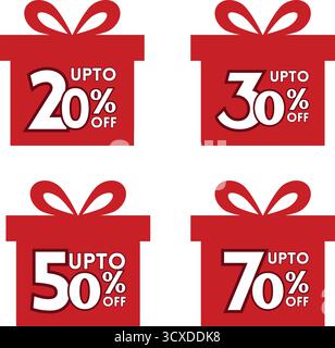 Vier rote Symbole für Geschenkschachteln sind mit Rabattschildern versehen. Jedes Feld enthält ein Prozentsymbol und einen Text, der einen Rabatt angibt: 20 %, 30 %, 50 % und 70 % Rabatt. Das sind Stock Vektor