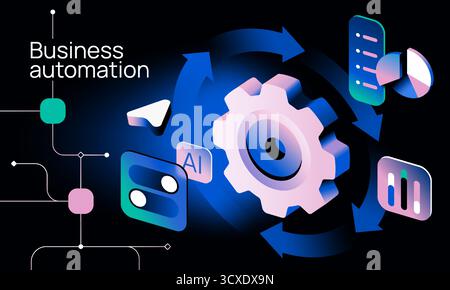 Automatisierung Von Geschäftsprozessen. Banner mit Technologien für künstliche Intelligenz zur Verwaltung von Geschäftsprozessen und zur Entwicklung von Wachstumsstrategien Stock Vektor