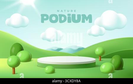 Niedliches Kinderbanner mit Podium. Werbeplakat mit Frühlingslandschaft mit grünem Feld, Bäumen, Hügeln, Wolken in blauem Himmel und Bühne für das Produkt Stock Vektor