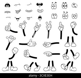 Comicfiguren. Set aus Liniensymbolen mit groovigen Händen in Handschuhen, Füßen in Stiefeln, Augen und Mündern, die Emotionen ausdrücken. Konturvektor Stock Vektor