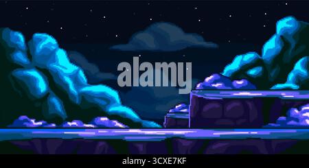 Hintergrund für Pixelbildfläche. Weltraumlandschaft mit Planeten- oder Mondoberfläche mit Kratern, Bergen und Sternenhimmel. Retro-Arcade-Spielstufe. 8 Bit Stock Vektor