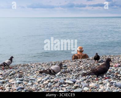 Sehr haariger Senior Mann, der am Strand sitzt und von Tauben umgeben ist Stockfoto