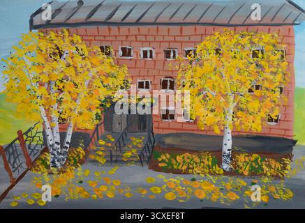 Herbstliche Szene mit einem Backsteingebäude, das von zwei gelben Birken und gefallenen Blättern umrahmt wird. Handgezeichnet malen Stockfoto