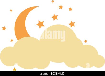 Eine traumhafte Illustration mit einem glühenden Halbmond, der aus einer weichen Wolke blickt, umgeben von funkelnden Sternen, perfekt für einen Hauch von Magie Stock Vektor