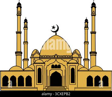 Elegante Darstellung einer klassischen islamischen Moschee mit einer markanten goldenen Kuppel, hohen Minaretten und architektonischen Details. Einschließlich Mondsichel Stock Vektor