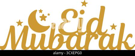 Feiern Sie das Eid mit diesem wunderschönen goldenen „Eid Mubarak“-Text mit einem leuchtenden Halbmond und funkelnden Sternen. Perfekt für festliche Grüße und d Stock Vektor