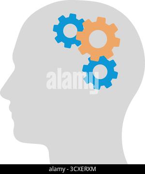 Menschlicher Kopf mit Zahnrädern menschlicher Kopf mit Zahnrädern Symbol. Flaches Farbdesign. Vektorabbildung. Stock Vektor