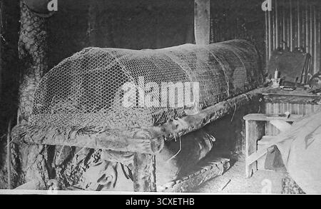 Aus Le Miroir, 4. März 1917, zeigt einen französischen Soldaten an der Westfront, der in einem improvisierten Käfigbett liegt, das ihn vor Ratten schützen soll. Der starke Nagetierbefall in Grabenbereichen zwang Soldaten, kreative Schlafmöglichkeiten zu erfinden. Dieses Foto veranschaulicht die rauen und unhygienischen Lebensbedingungen, die die Truppen während des Ersten Weltkriegs ertragen mussten, und ihre praktischen Versuche, unter ständigem Ungeziefer Ruhe zu finden. Stockfoto
